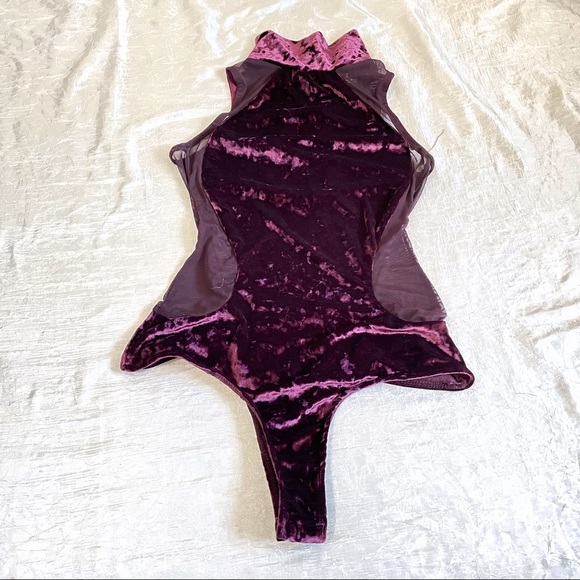Revamped Tops - Purple mesh and crushed velvet bodysuit